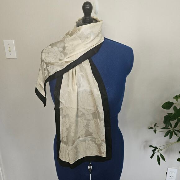 Vintage Ivory Floral Jacquard Scarf with Black Silk Border (52x11.5) - Picture 1 of 5